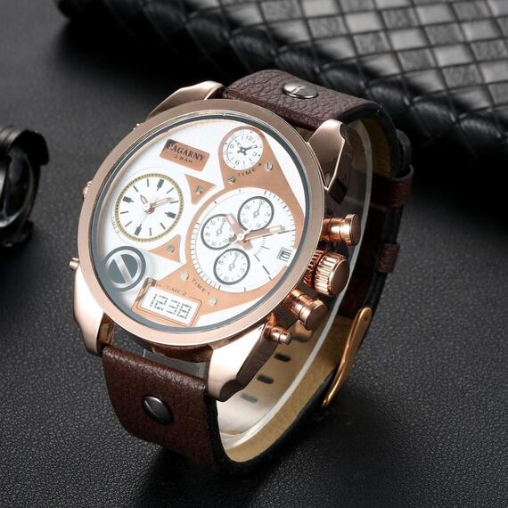 CAGARNY 6822 Orologio da uomo con calendario giornaliero, cinturino doppio fuso orario, quadrante grande, al quarzo (quadrante bianco, cinturino in pelle marrone scuro)