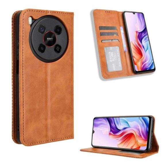 Custodia in pelle con fibbia magnetica e texture retrò per ZTE Blade V70 Max (marrone)