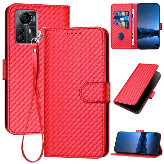 Custodia in pelle con fibbia in fibra di carbonio per ZTE Blade A72s YX0070 con cordino (rosso)