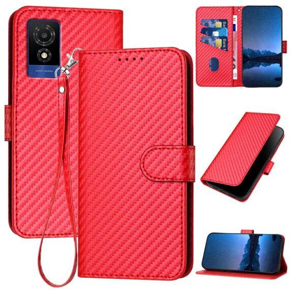 Custodia per telefono in pelle con fibbia in fibra di carbonio per TCL 501 YX0070 con cordino (rosso)