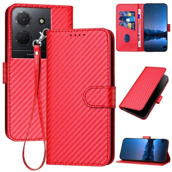 Custodia per telefono in pelle con fibbia in fibra di carbonio per TCL 503 YX0070 con cordino (rosso)