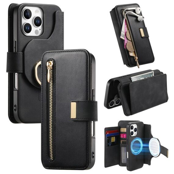 Custodia in pelle con cerniera ad anello per iPhone 16 Pro Max, anti-RFID, MagSafe (nera)