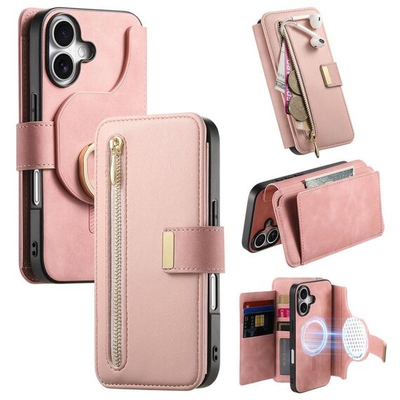Custodia in pelle con cerniera ad anello per iPhone 16 Plus, anti-RFID, MagSafe (rosa)