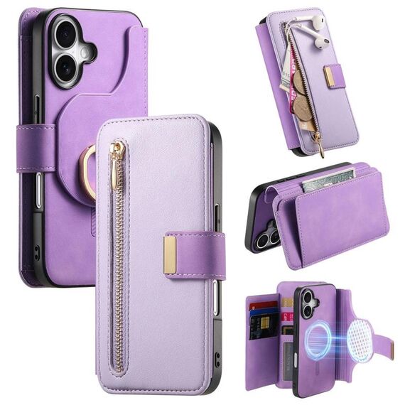 Custodia in pelle con blocco RFID e MagSafe per iPhone 16 Plus (viola)