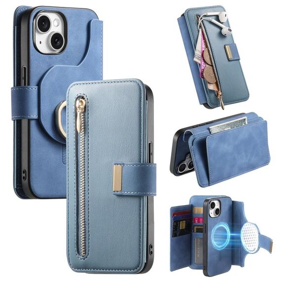 Custodia in pelle con cerniera ad anello per iPhone 14, anti-RFID, MagSafe (blu)