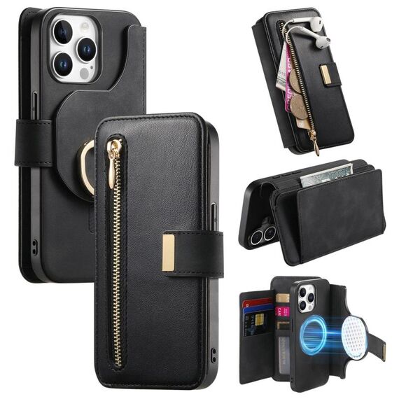 Custodia in pelle con cerniera ad anello per iPhone 14 Pro Max, anti-RFID, MagSafe (nera)