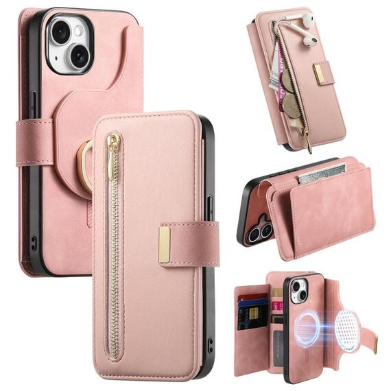 Custodia in pelle con cerniera ad anello per iPhone 13, anti-RFID, MagSafe (rosa)