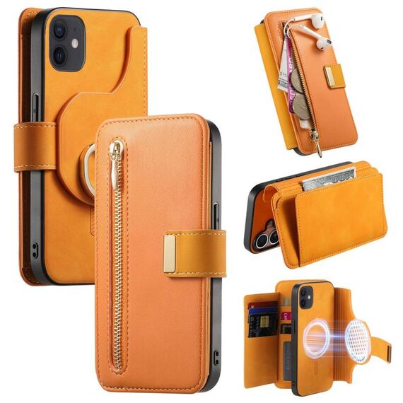Custodia in pelle con cerniera ad anello per iPhone 11, anti-RFID, MagSafe (arancione)