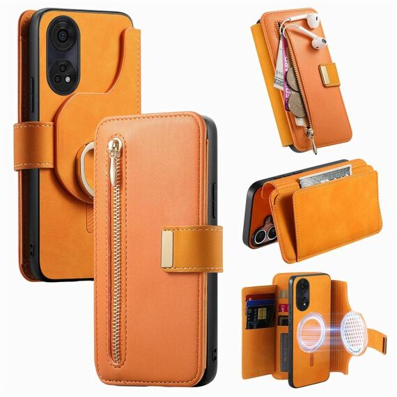 Custodia in pelle con blocco RFID e MagSafe per OPPO Reno8 T 5G / A1 Pro con portafoglio ad anello con cerniera (arancione)