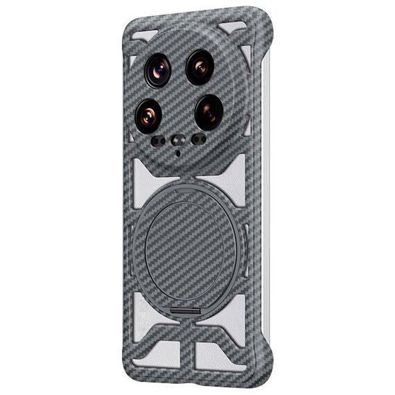 Custodia per telefono Xiaomi 14 Ultra Hollow in fibra di carbonio con supporto girevole MagSafe (grigio)