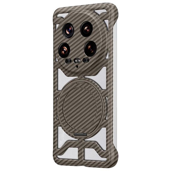 Custodia per telefono Xiaomi 14 Ultra Hollow in fibra di carbonio con supporto girevole MagSafe (oro)
