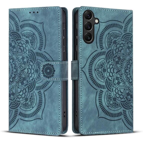 Custodia per telefono in pelle smerigliata retrò con motivo mandala in rilievo per Samsung Galaxy S25+ 5G (blu)