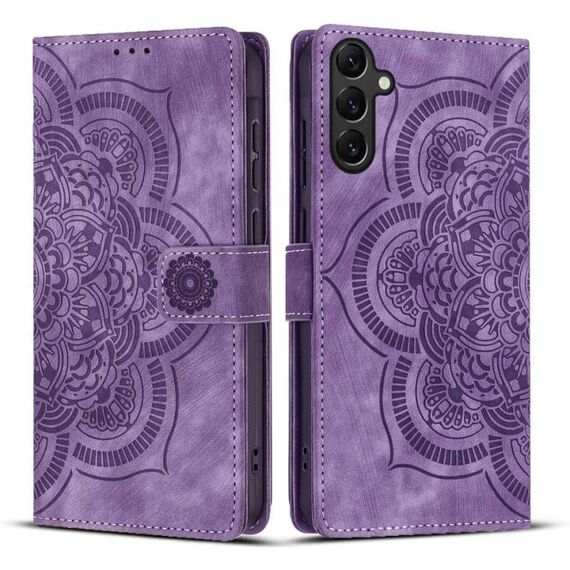Custodia per telefono in pelle smerigliata retrò con motivo mandala in rilievo per Samsung Galaxy S25+ 5G (viola)