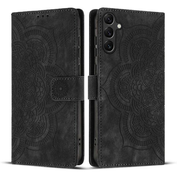 Custodia per telefono in pelle smerigliata retrò con motivo mandala in rilievo per Samsung Galaxy S25+ 5G (nera)
