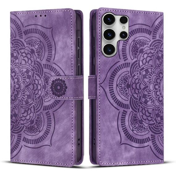 Custodia per telefono in pelle smerigliata retrò con motivo mandala in rilievo per Samsung Galaxy S25 Ultra 5G (viola)
