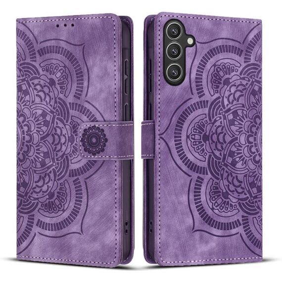 Custodia per telefono in pelle smerigliata retrò con motivo mandala in rilievo per Samsung Galaxy S24 FE 5G (viola)