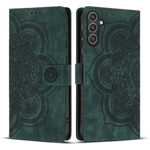 Custodia per telefono in pelle smerigliata retrò con motivo mandala in rilievo per Samsung Galaxy S24 5G (verde)