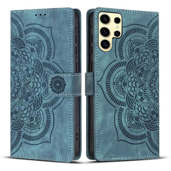 Custodia per telefono in pelle smerigliata retrò con motivo mandala in rilievo per Samsung Galaxy S24 Ultra 5G (blu)