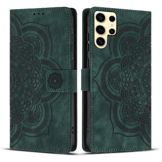 Custodia per telefono in pelle smerigliata retrò con motivo mandala in rilievo per Samsung Galaxy S24 Ultra 5G (verde)