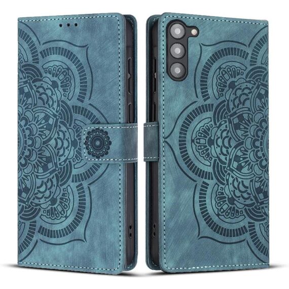 Custodia per telefono in pelle smerigliata retrò con motivo mandala in rilievo per Samsung Galaxy S23+ 5G (blu)