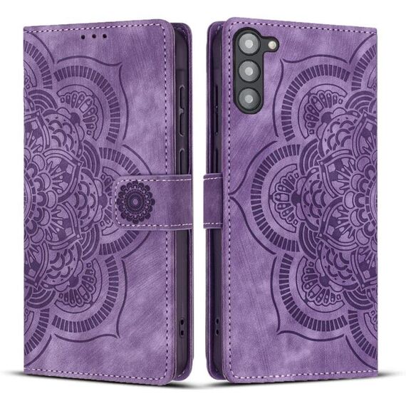 Custodia per telefono in pelle smerigliata retrò con motivo mandala in rilievo per Samsung Galaxy S23 5G (viola)