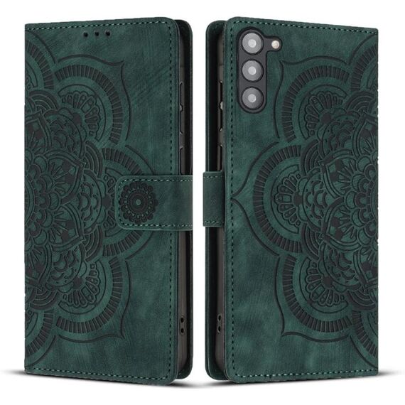Custodia per telefono in pelle smerigliata retrò con motivo mandala in rilievo per Samsung Galaxy S23 5G (verde)