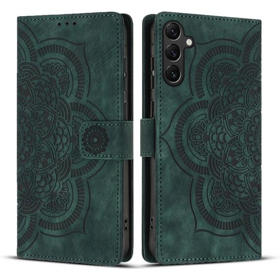 Custodia per telefono in pelle smerigliata retrò con motivo mandala in rilievo per Samsung Galaxy S23 FE 5G (verde)