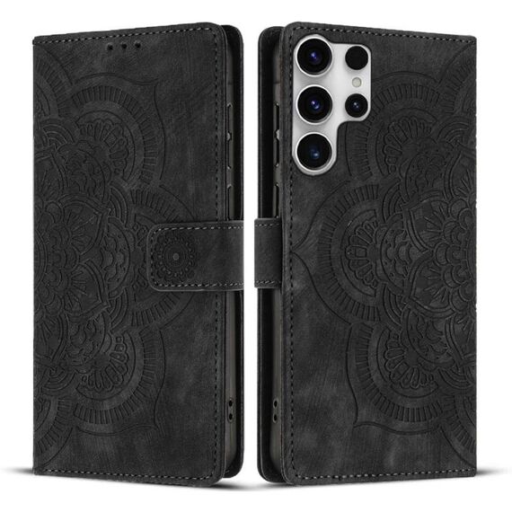 Custodia per telefono in pelle smerigliata retrò con motivo mandala in rilievo per Samsung Galaxy S23 Ultra 5G (nera)