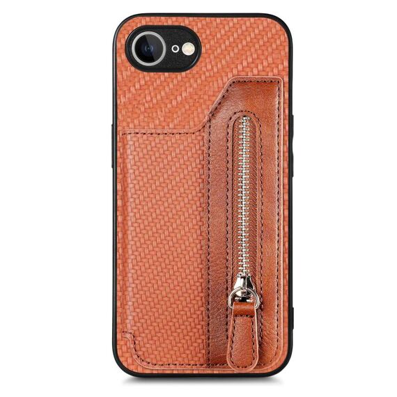Custodia per iPhone 16e con cerniera e flip orizzontale in fibra di carbonio (marrone)