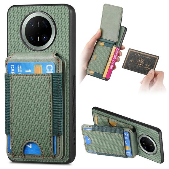 Custodia a portafoglio con supporto verticale in fibra di carbonio per Huawei Mate 70 Pro+ (verde)