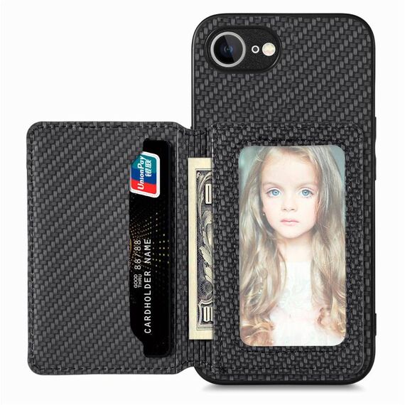 Custodia per iPhone 16e con portafoglio magnetico in fibra di carbonio e blocco RFID (nero)