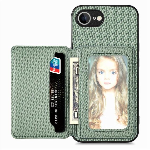 Custodia per iPhone 16e con porta carte magnetico in fibra di carbonio e blocco RFID (verde)