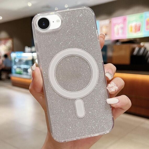 Custodia per telefono MagSafe in acrilico trasparente glitterato per iPhone 16e (argento)