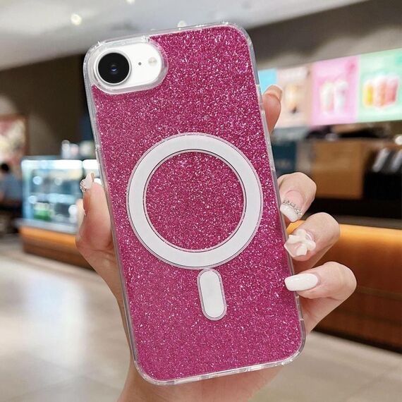 Custodia per iPhone 16e MagSafe in acrilico trasparente con glitter (rosso rosa)