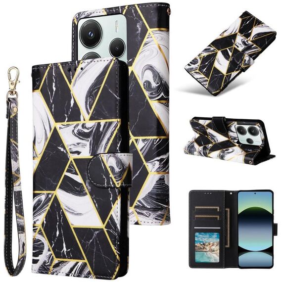 Custodia in pelle con cuciture color bronzo marmorizzato per Redmi Note 14 5G (nera)