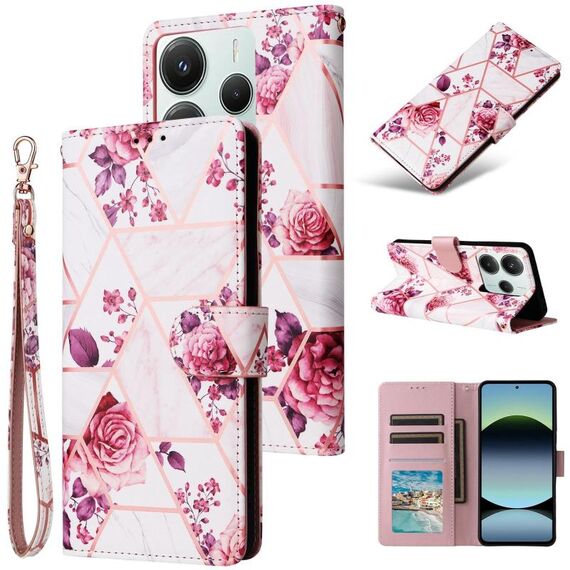 Custodia in pelle con cuciture color bronzo marmorizzato per Redmi Note 14 5G (oro rosa)