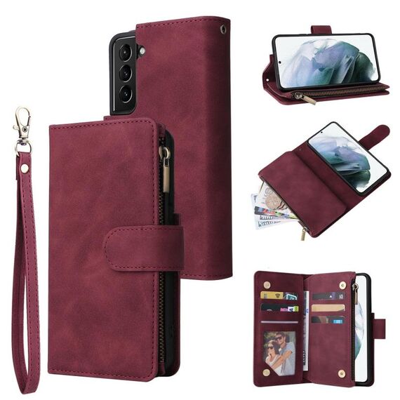 Custodia multifunzionale in pelle con cerniera e portafoglio satinato per Samsung Galaxy S22+ 5G (rosso vino)