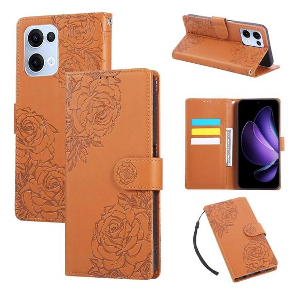 Custodia in pelle con 3 slot per carte di credito e motivo a rose in rilievo per OPPO Reno13 5G (marrone)