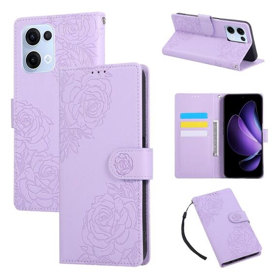 Custodia in pelle con 3 slot per carte di credito e motivo a fiori di rosa per OPPO Reno13 5G (viola)