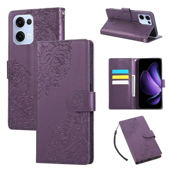Custodia in pelle con 3 slot per carte di credito e motivo a rose in rilievo per OPPO Reno13 5G (viola scuro)