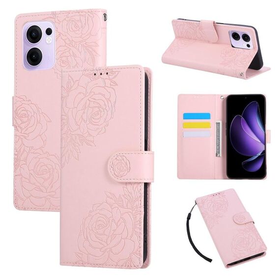 Custodia in pelle con 3 slot per carte di credito e motivo a fiori di rosa per OPPO Reno13 F 5G Global (rosa)