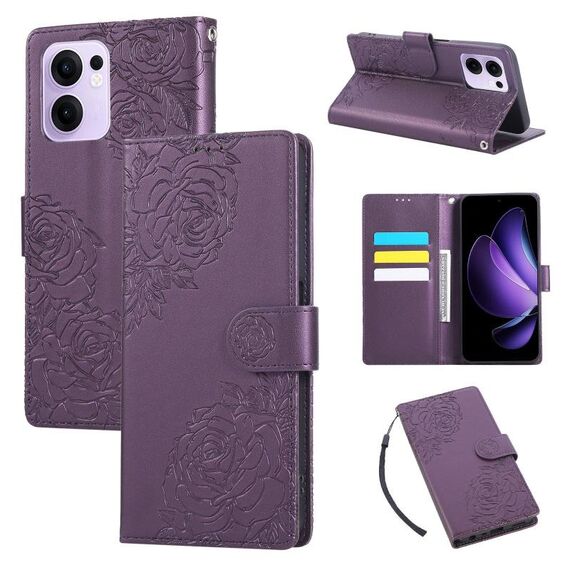 Custodia in pelle con 3 slot per carte di credito e motivo a fiori di rosa per OPPO Reno13 F 5G Global (viola scuro)