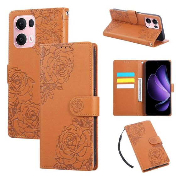 Custodia in pelle con 3 slot per carte di credito e motivo a fiori di rosa per OPPO Reno13 Pro 5G (marrone)