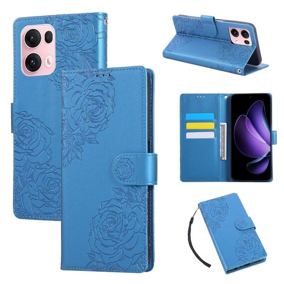 Custodia in pelle con 3 slot per carte di credito e motivo a fiori di rosa per OPPO Reno13 Pro 5G (blu)