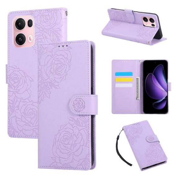 Custodia in pelle con 3 slot per carte di credito e motivo a fiori di rosa per OPPO Reno13 Pro 5G (viola)