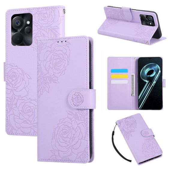Custodia in pelle con 3 slot per carte di credito e motivo a fiori di rosa per Realme 9i 5G (viola)