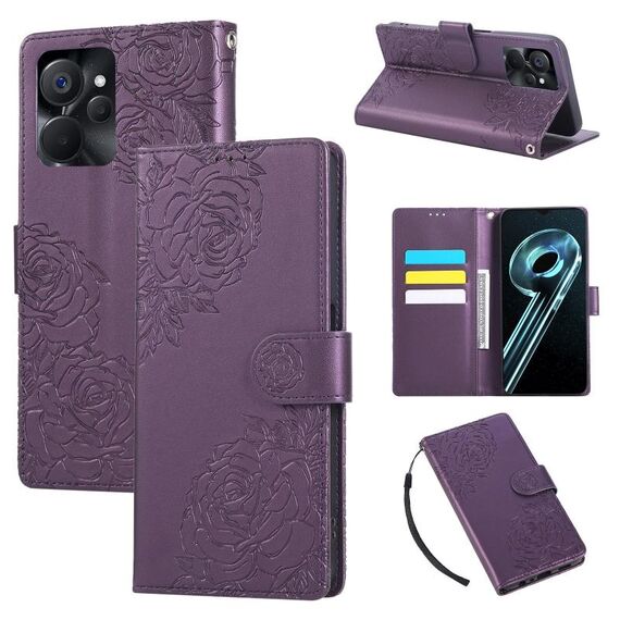 Custodia in pelle con 3 slot per carte e motivo a fiori di rosa per Realme 9i 5G (viola scuro)