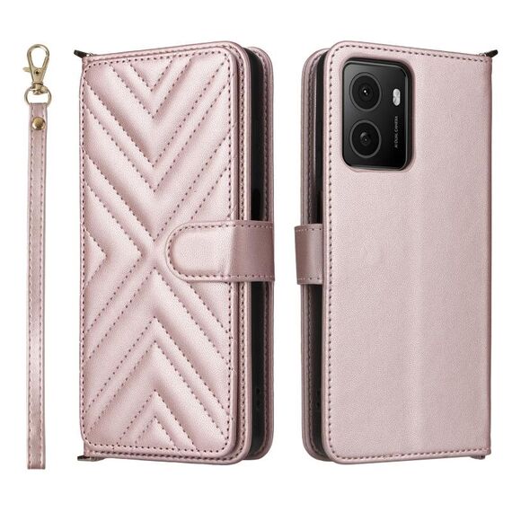 Custodia in pelle multifunzione per telefono HMD Pulse / Pulse Pro / Pulse+ con 6 slot per carte e cinturino da polso (rosa)