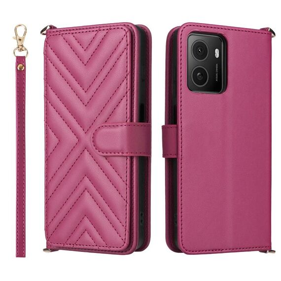 Custodia in pelle multifunzione per telefono HMD Pulse / Pulse Pro / Pulse+ con 6 slot per carte e cinturino da polso (rosso rosa)