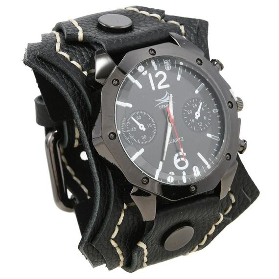 DPANCO W01477 Orologio da polso vintage da uomo con cinturino in pelle multistrato cucito a mano, stile punk rock (nero)